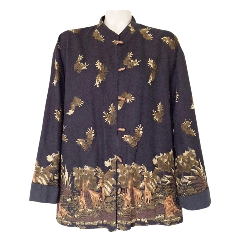 Vintage Asian-Inspired Jacket Safari Print Border Frog Closure Cotton Linen XL